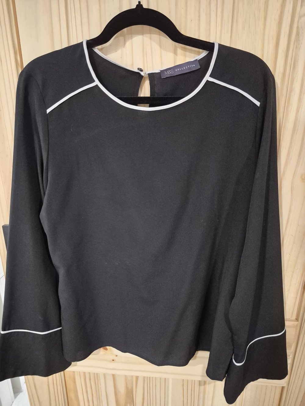M&S Black Long-Sleeve Blouse with White Piping Detail